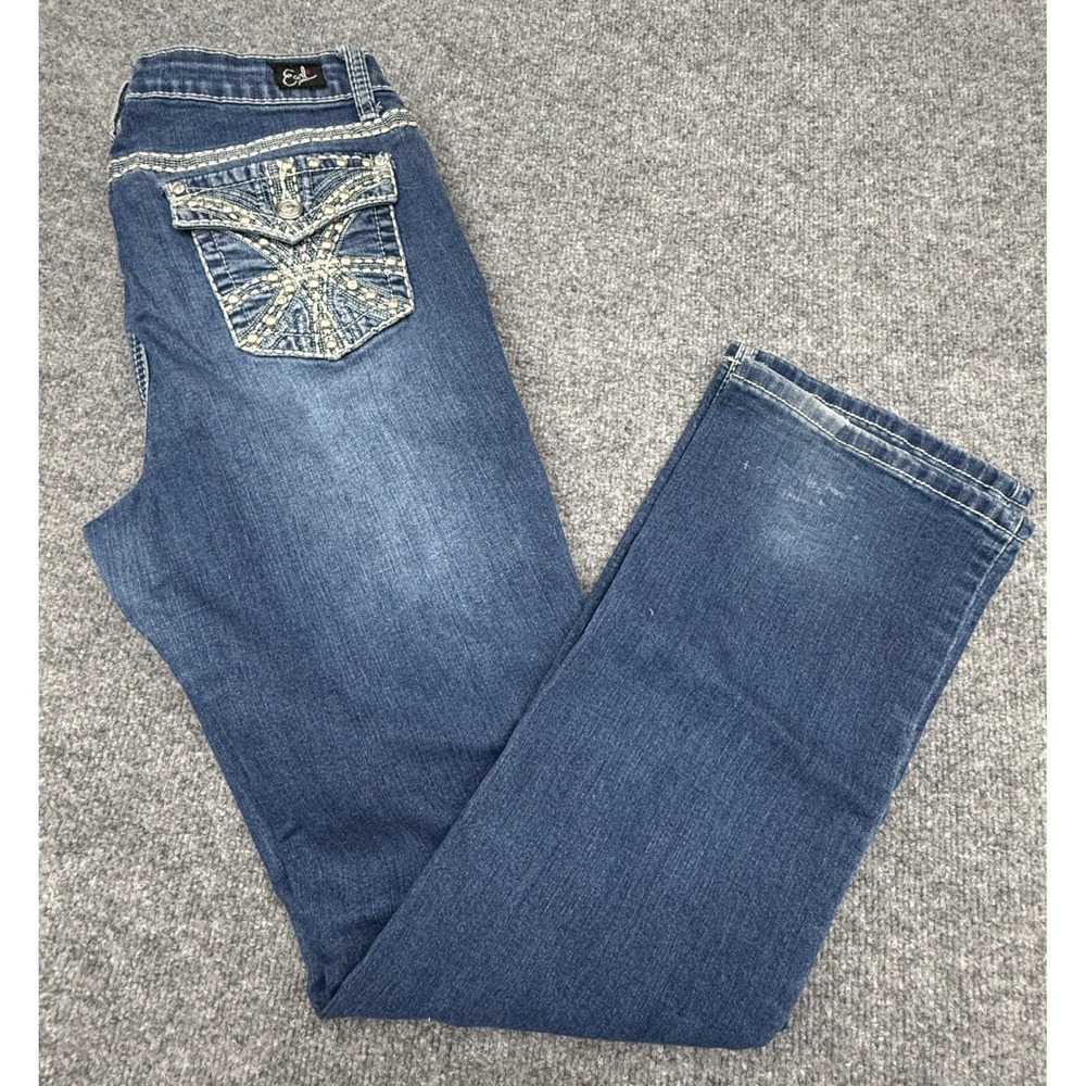 Earl Jean Womens Slim Bootcut Jeans Blue Rhinestone Flap Pocket Size 12 Stretch
